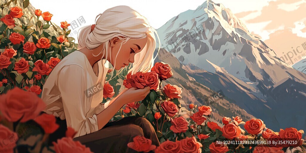 玫瑰花插画女孩