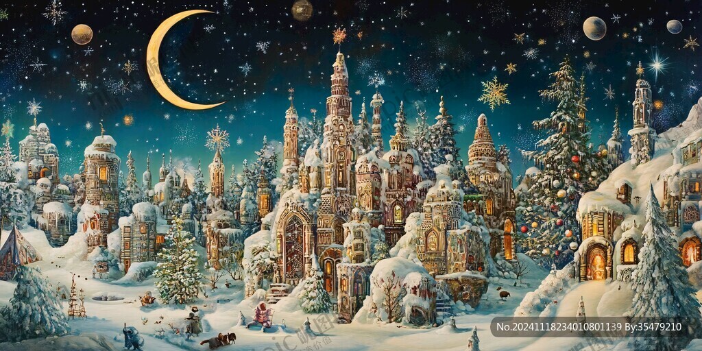 冬季雪村夜晚