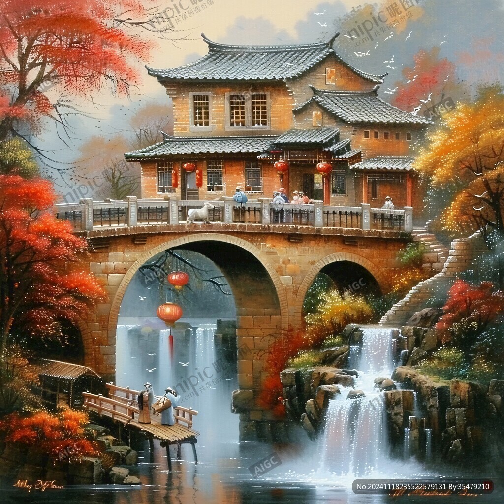 中式建筑风景油画