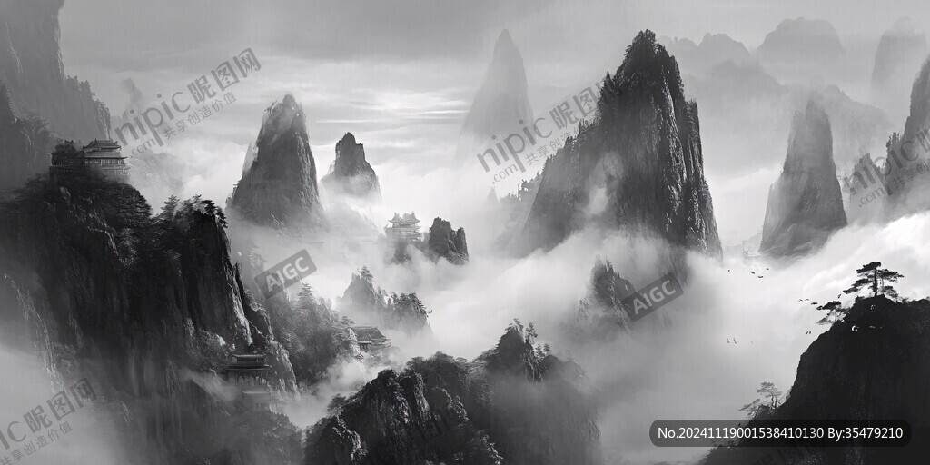 墨韵禅意山峰云雾意境