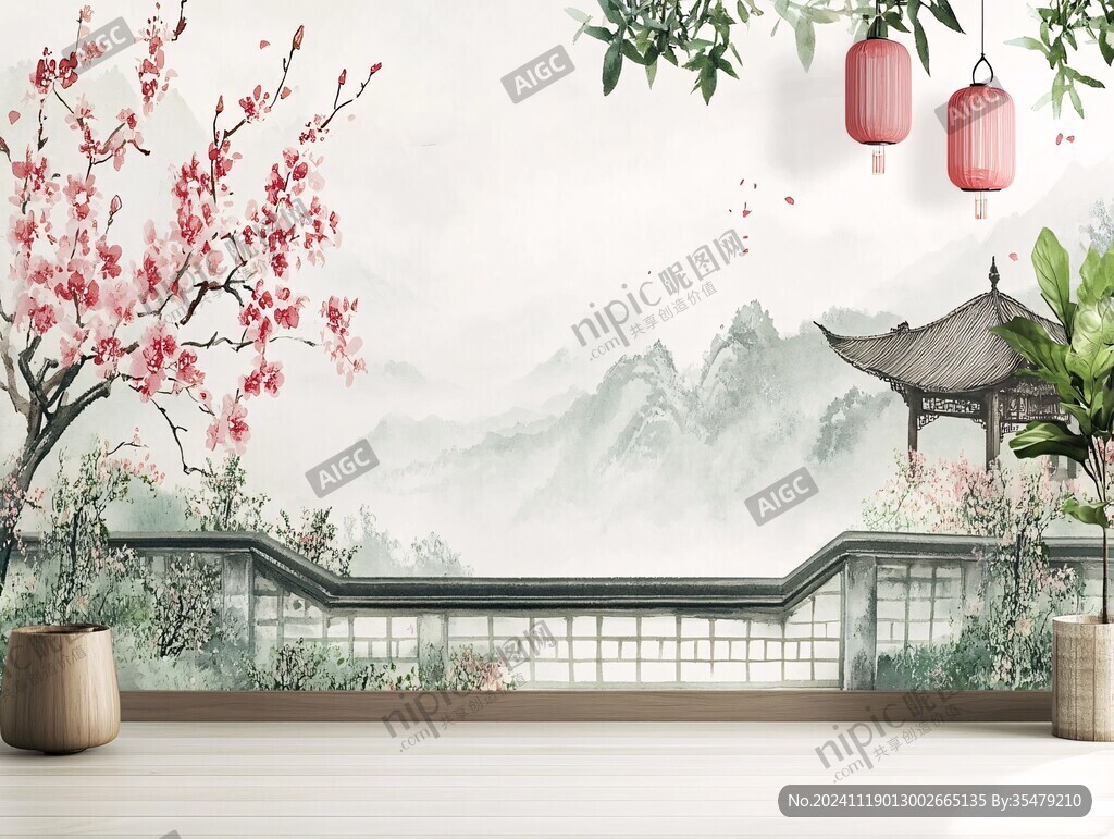 中式梅花阁楼背景