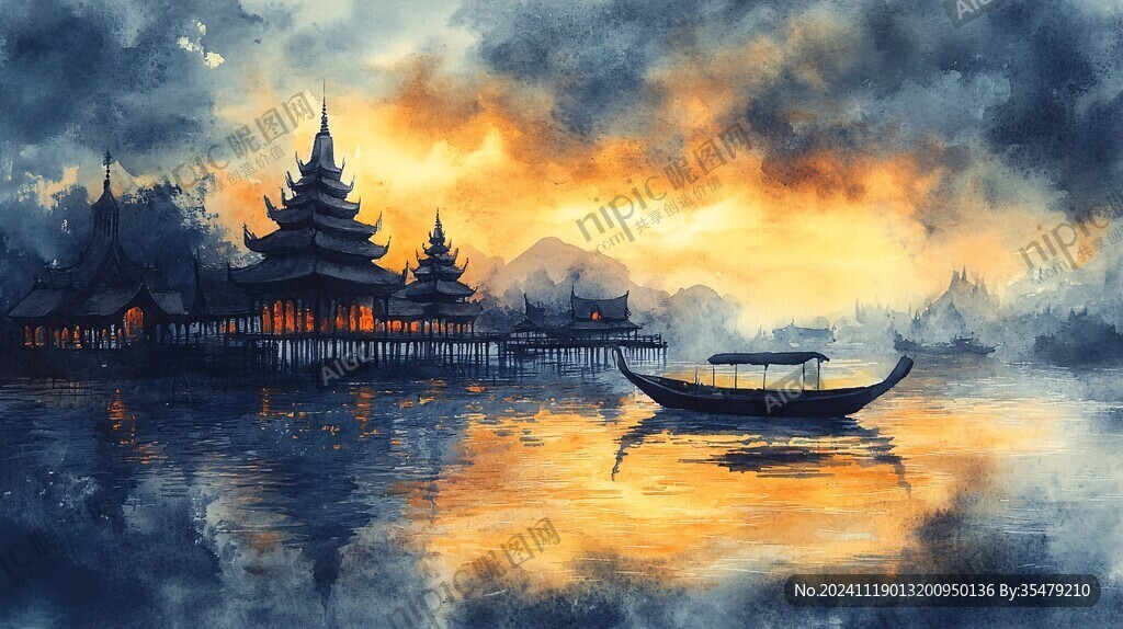曼谷插画曼谷水墨山水