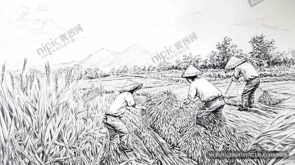 农忙劳作场景线描