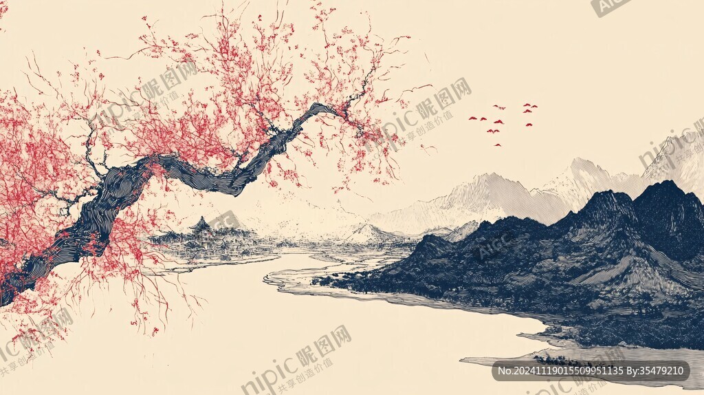 新中式泼墨红叶山水画