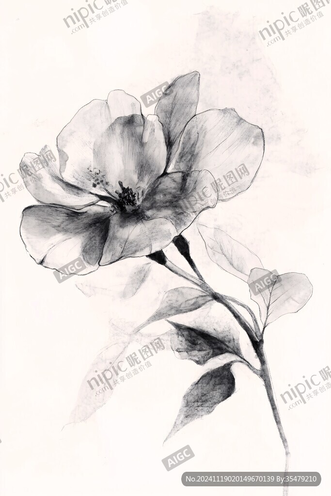 扶桑花朵手绘素描画