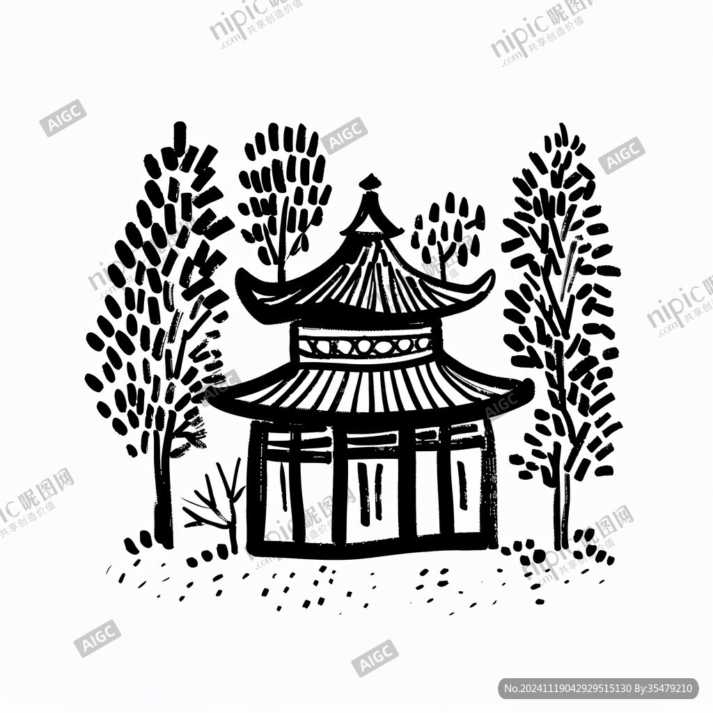 线描烟水亭