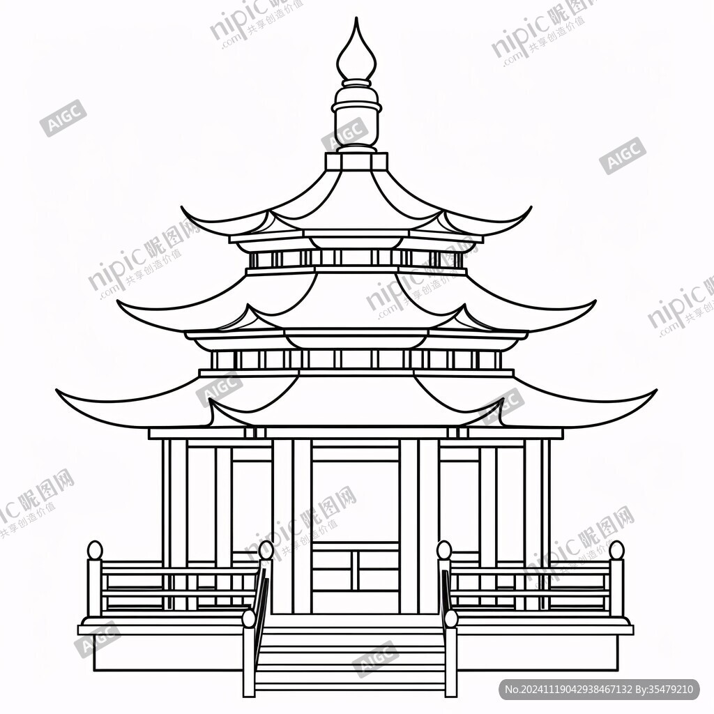 亭台楼阁线描