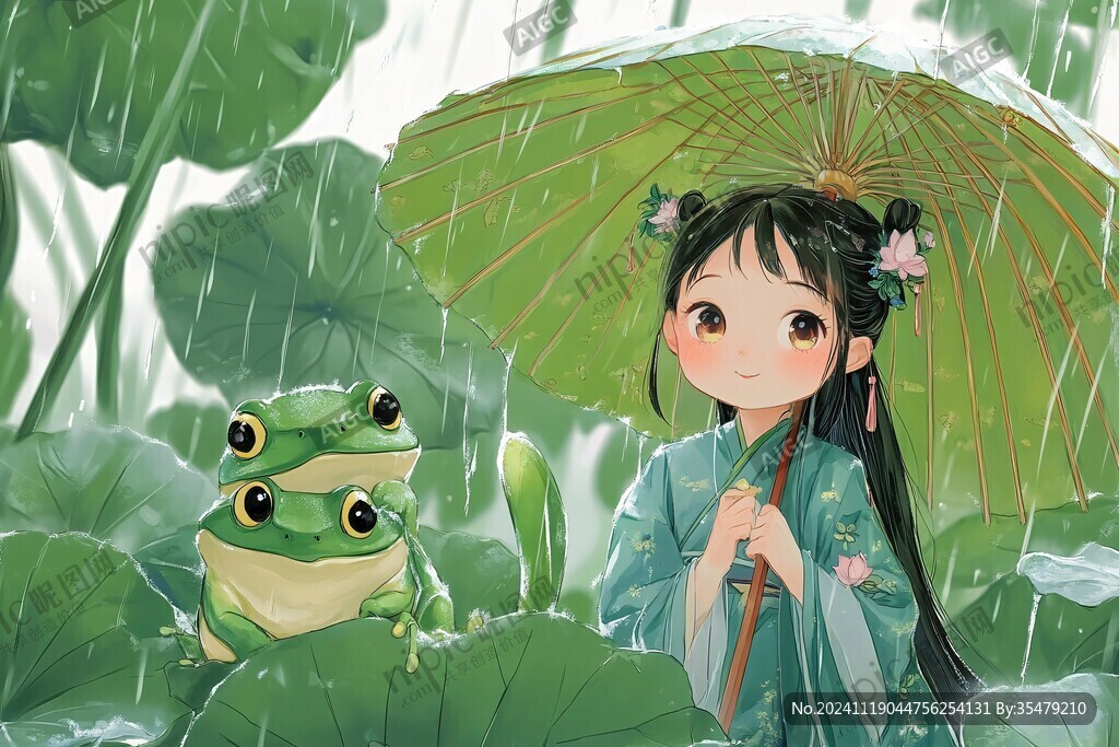 荷塘边小女孩青蛙
