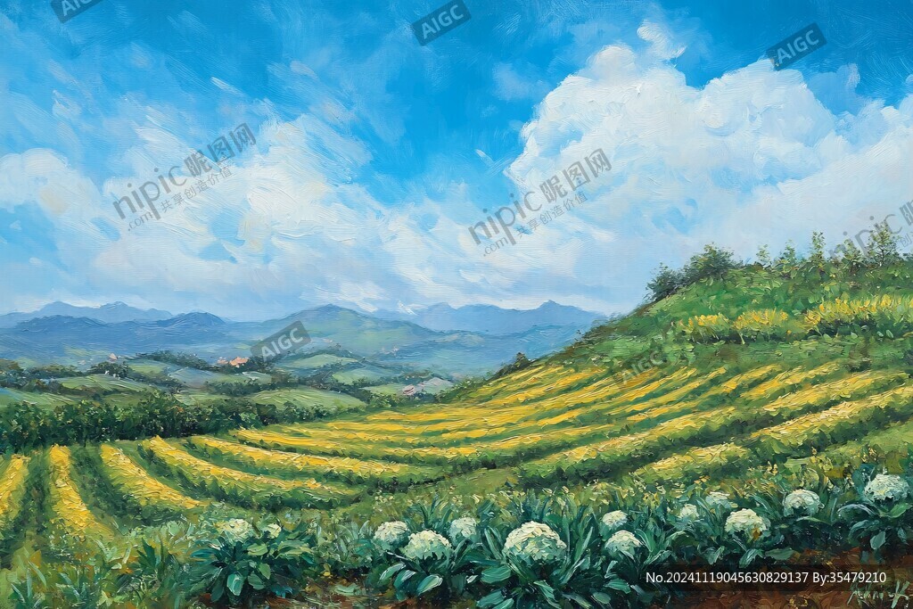 蓝天白云油菜花油画