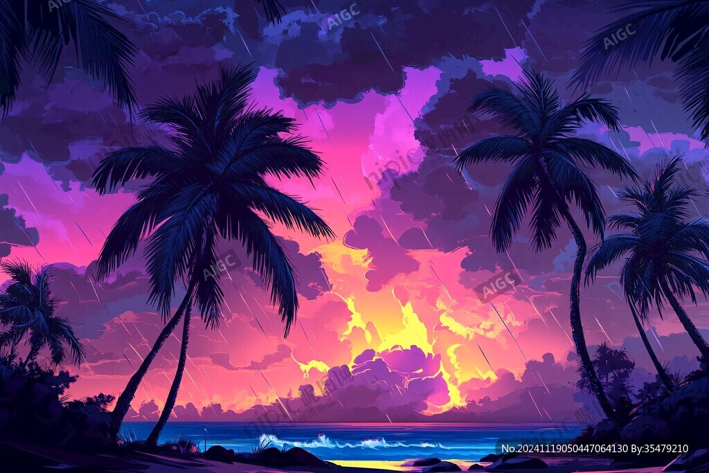 海边落日插画