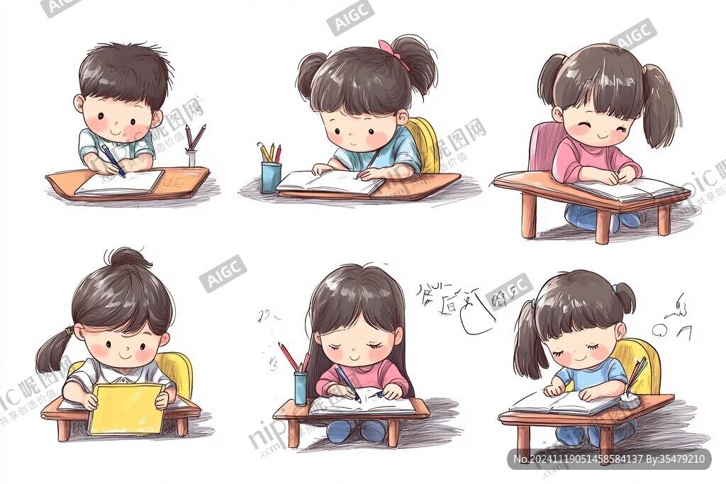 认真写字的小孩