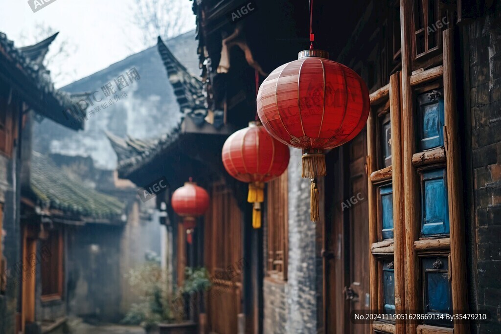挂红灯笼的仿古民宿
