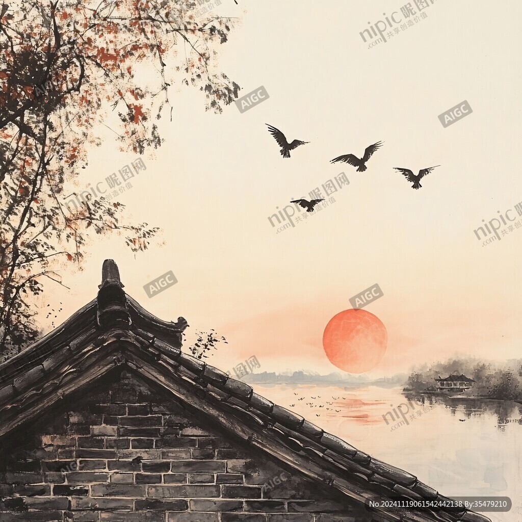 红日出东方意境中式画