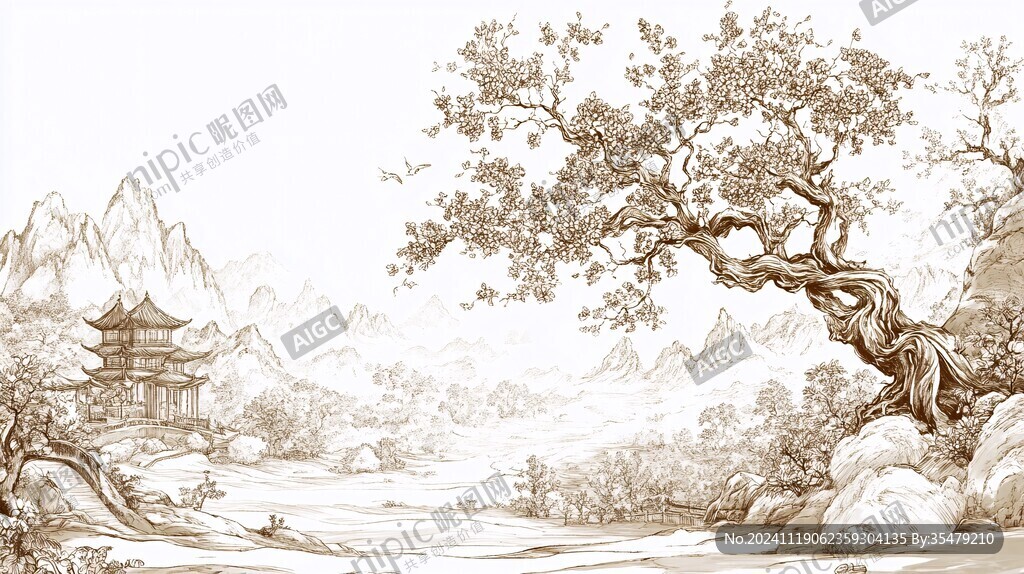 楼阁描线山水背景墙