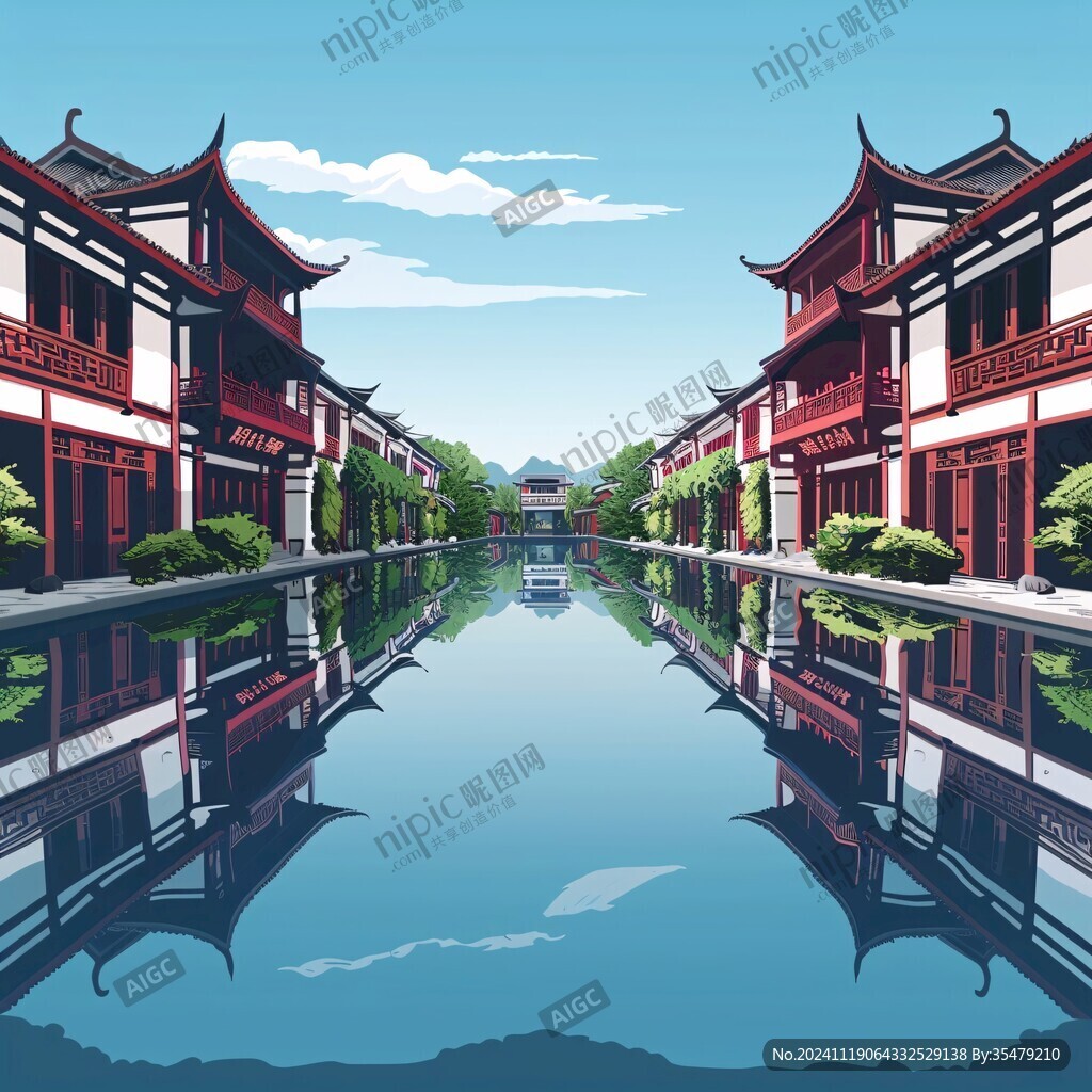 横店地标建筑山水画