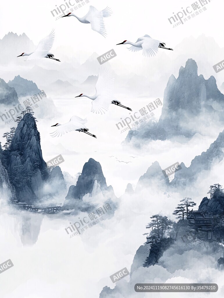 仙鹤古风山水插画