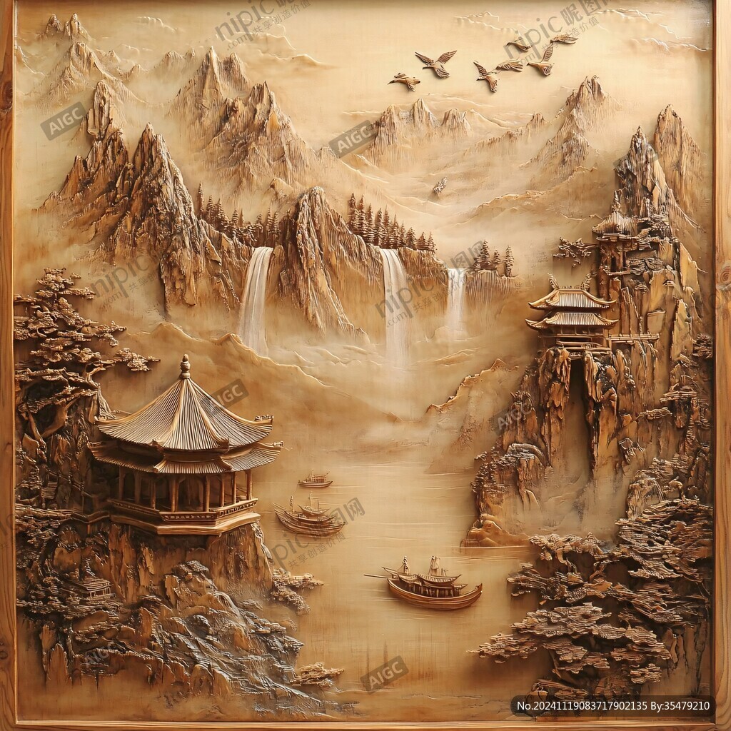 金色浮雕山水