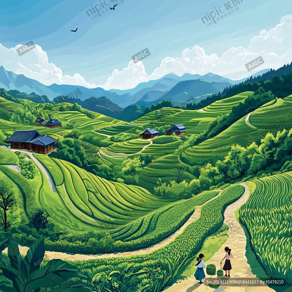 茶园风光插画