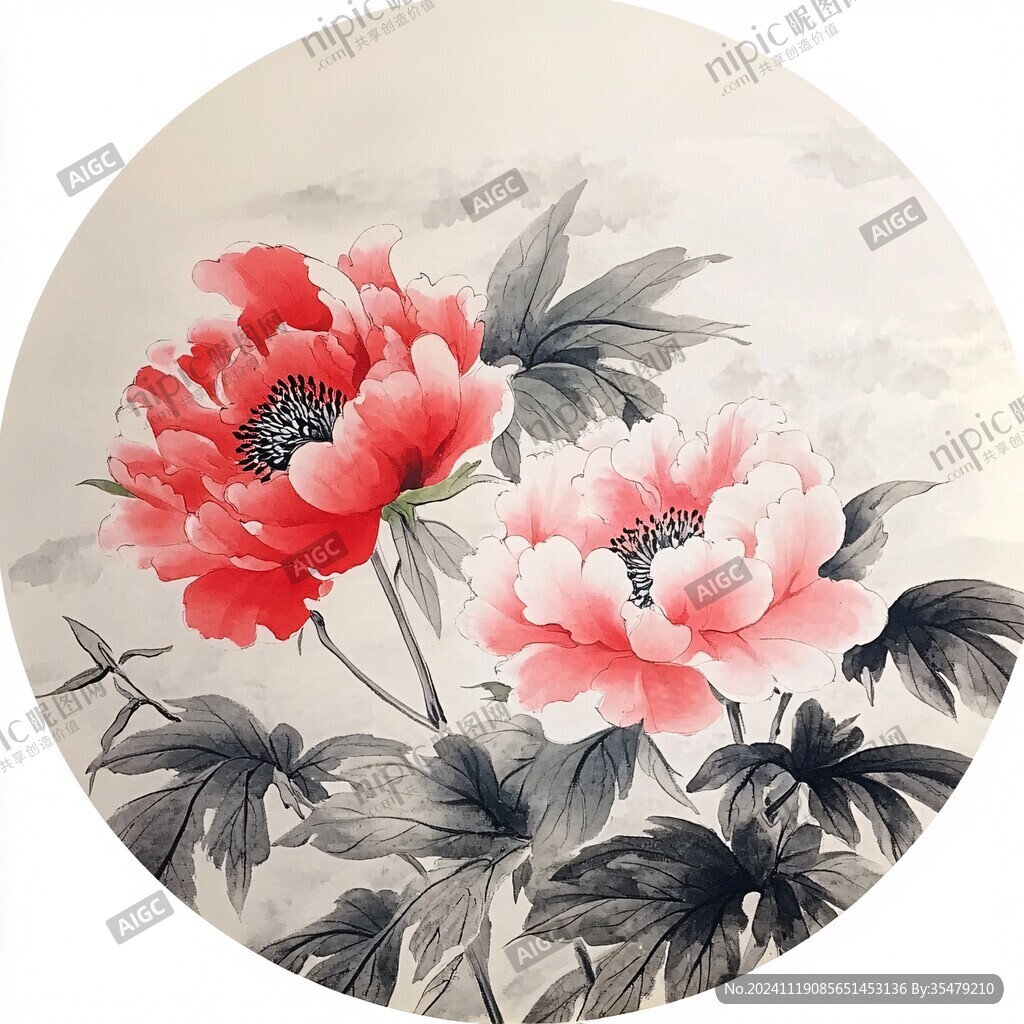 手绘团扇工笔水彩牡丹
