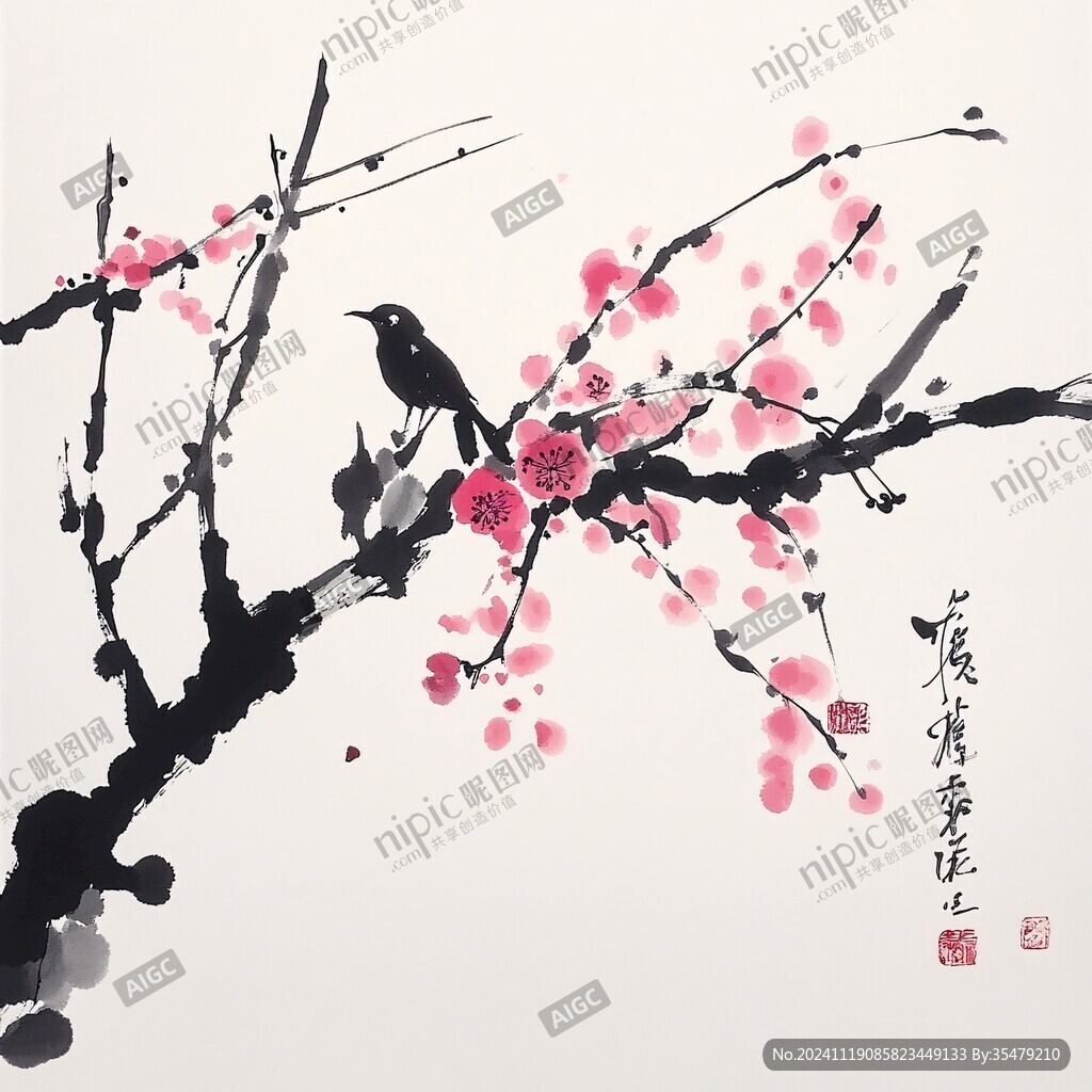 喜鹊梅花手绘
