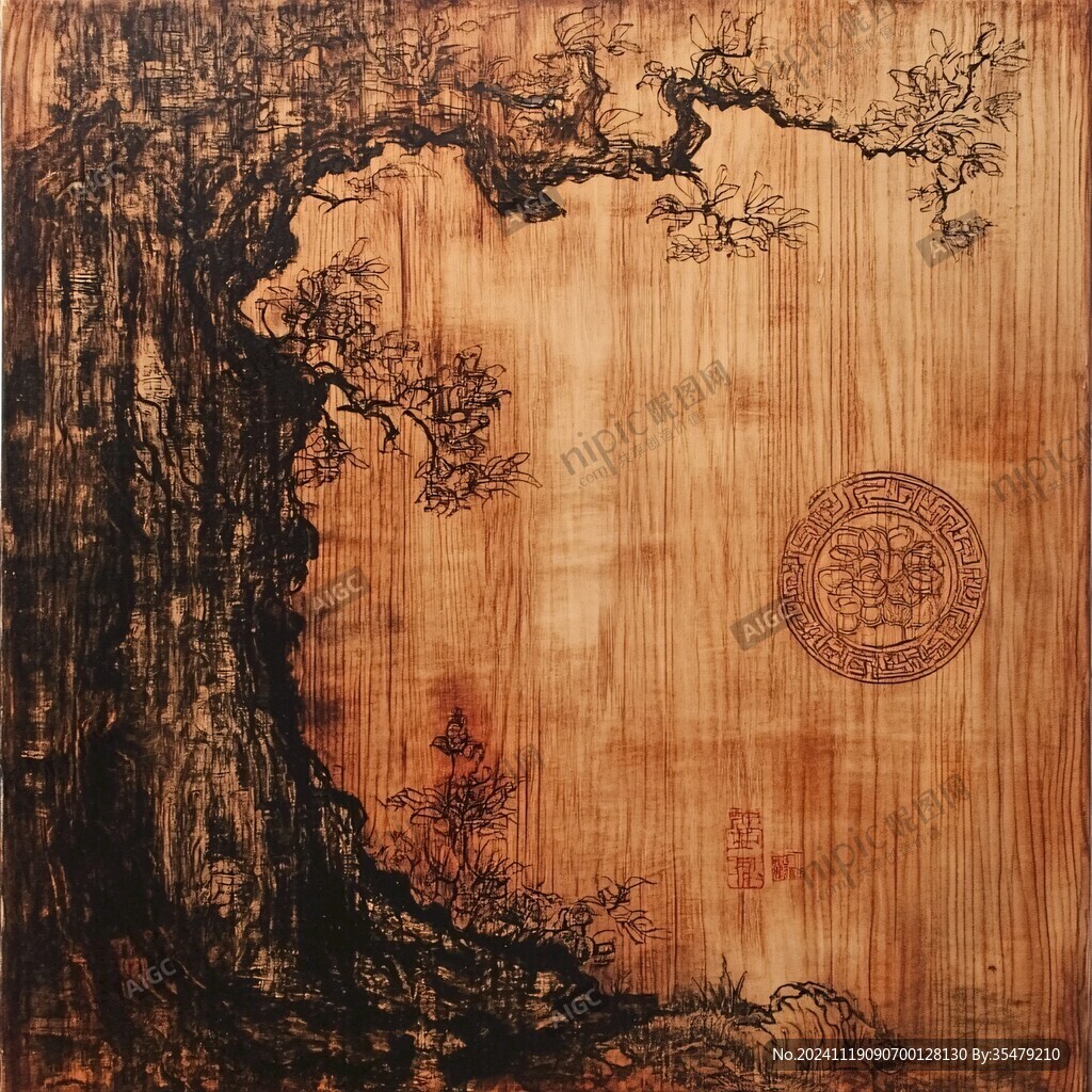 手绘工笔画古柏