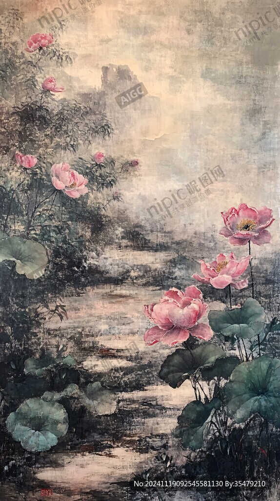 宁静荷花油画