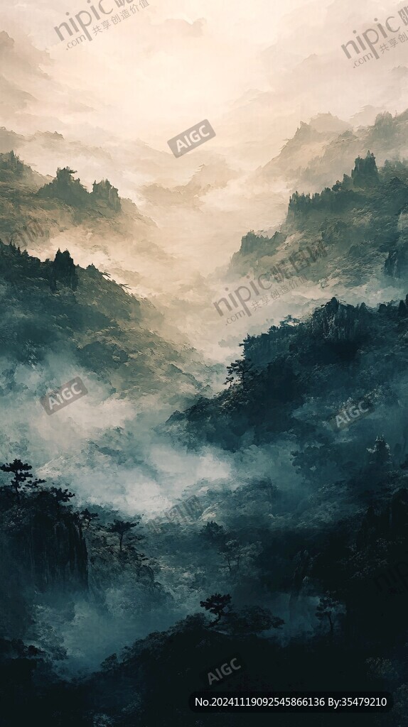 飘渺远山云雾风景画