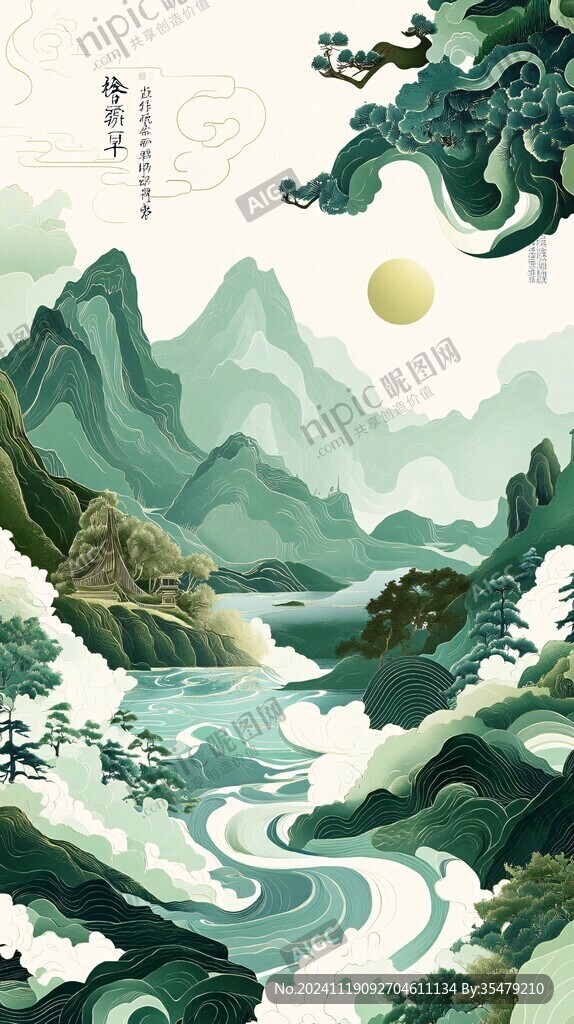 高端山水线包装插画