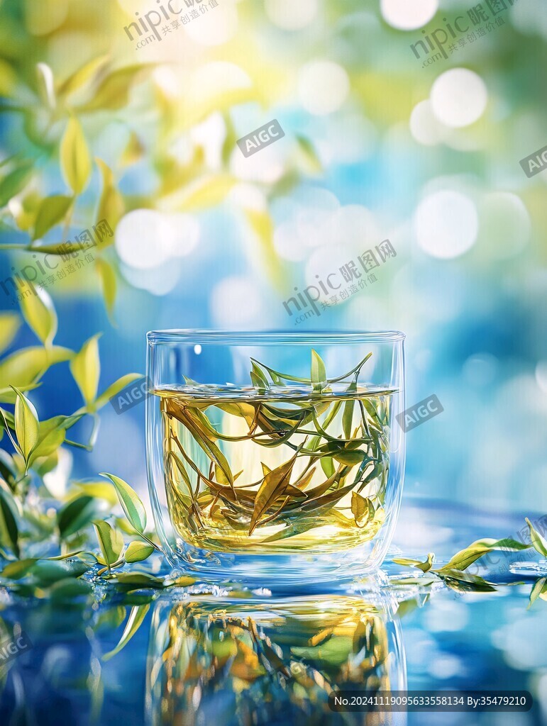 玻璃杯中的绿色茶叶
