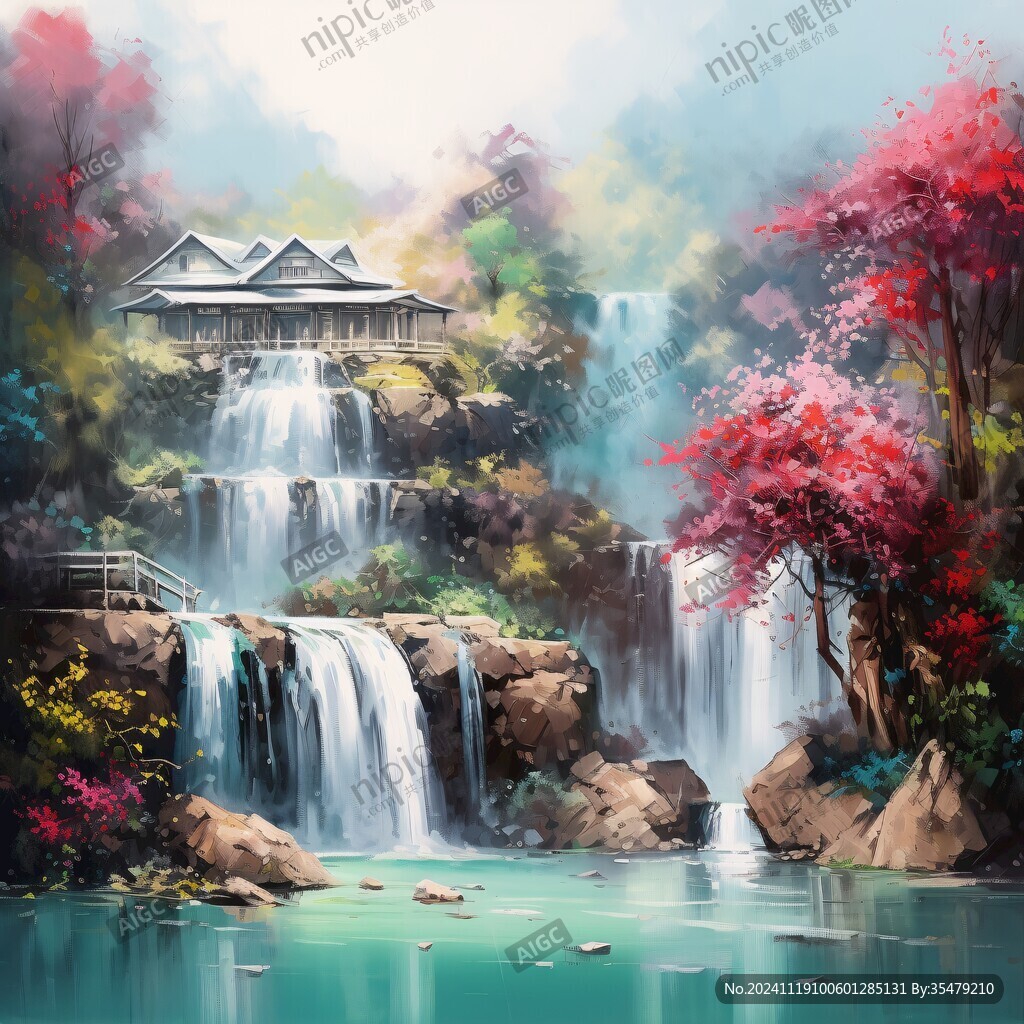 山水风景油画瀑布