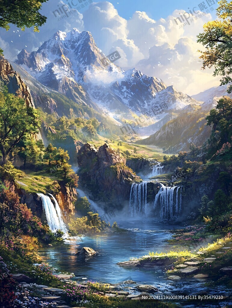 山水风景油画瀑布