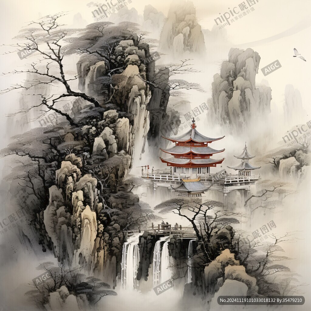楼阁山水意境画