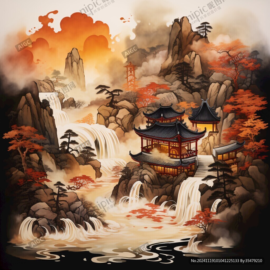 新中式楼阁山水