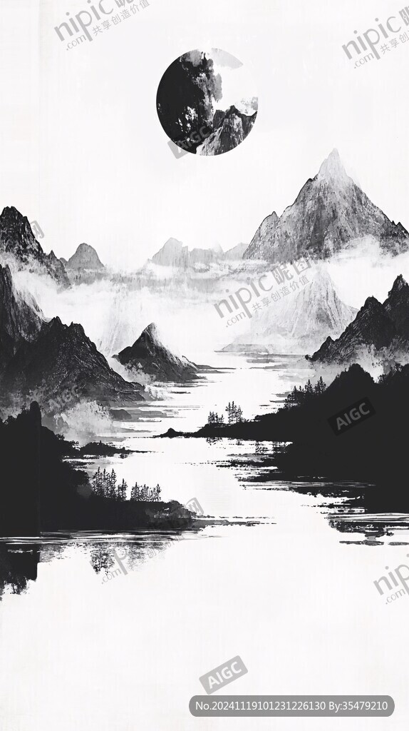 新中式水墨湖山秋月