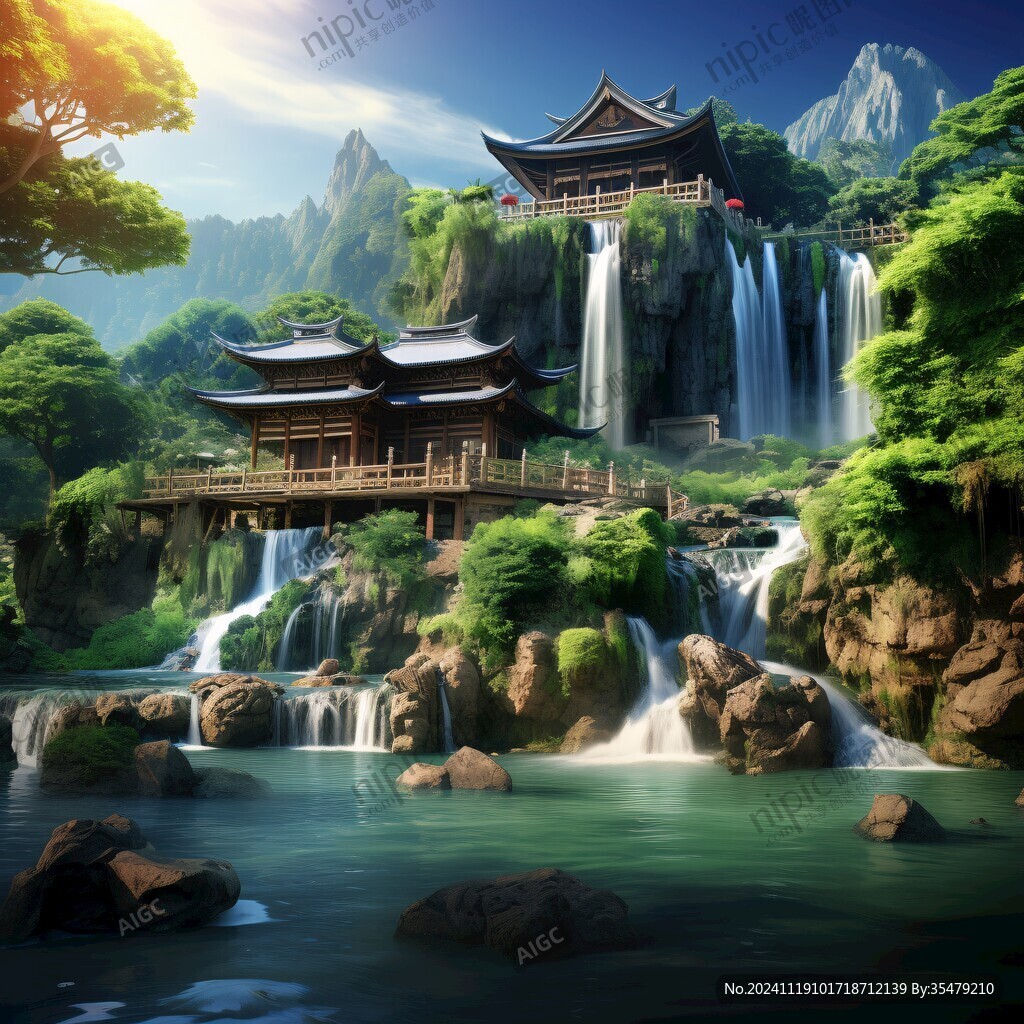 亭台楼阁流水瀑布