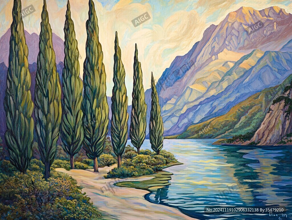 手绘油画群山河流线条
