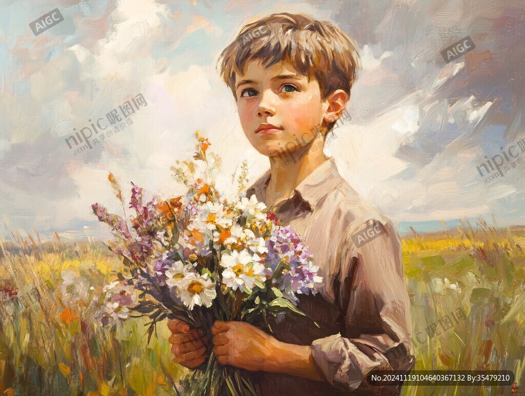 男孩捧花插画