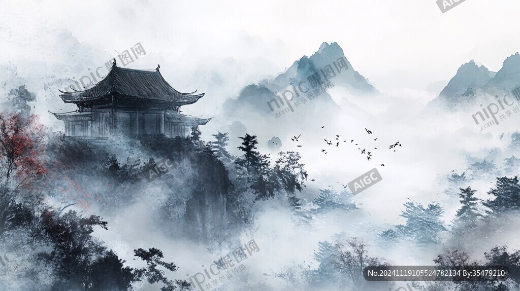 楼阁山水意境画