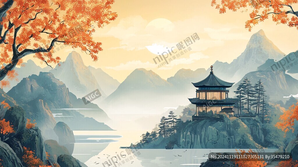 新中式楼阁山水
