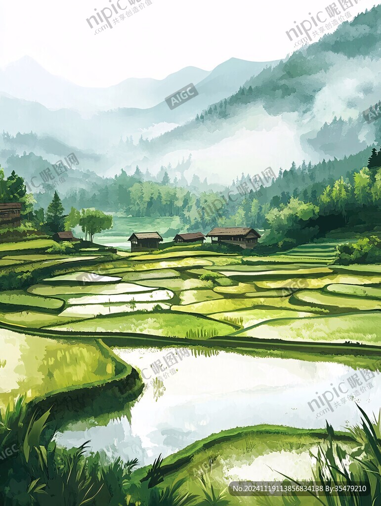 水稻梯田插画