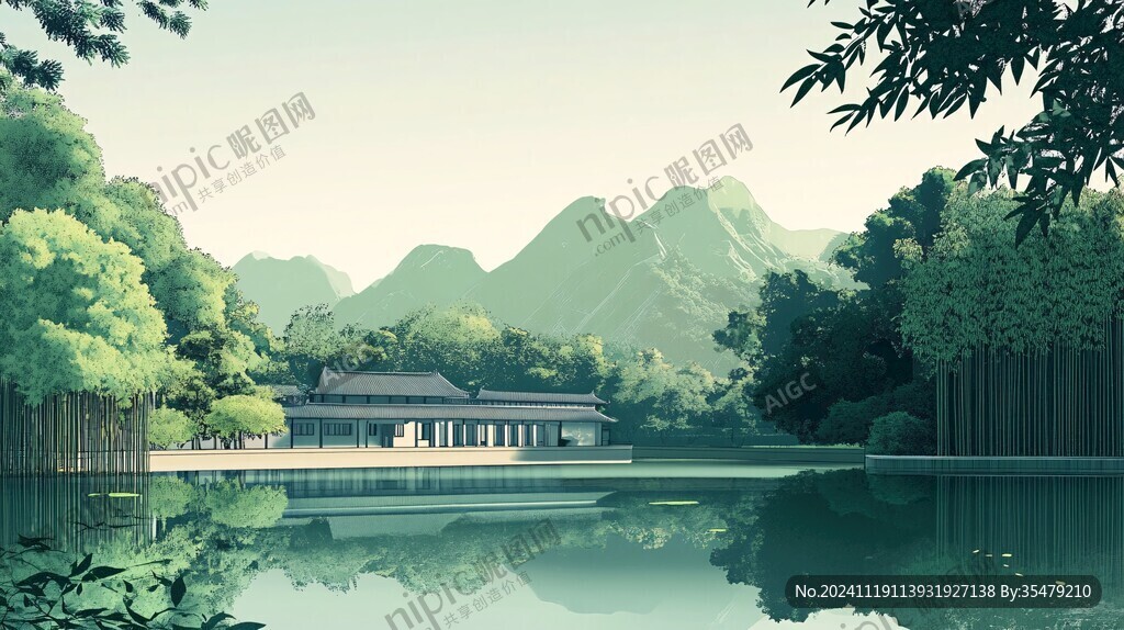 广西大学插画水墨山水