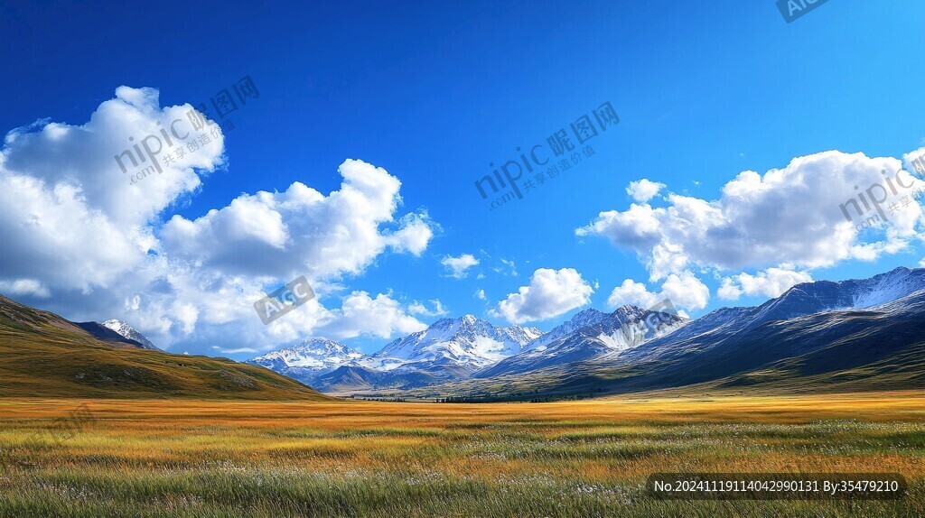 蓝天白云山脉草地背景