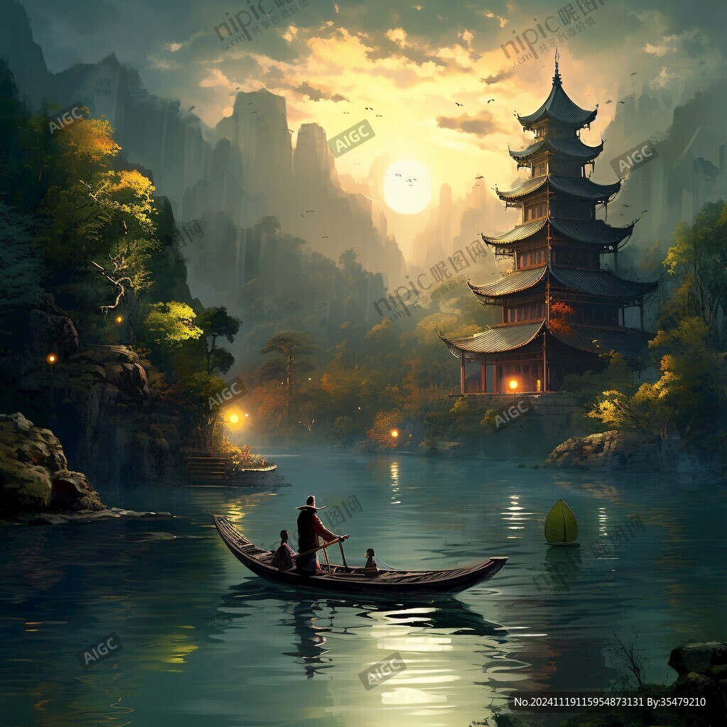 山水楼阁波光小船