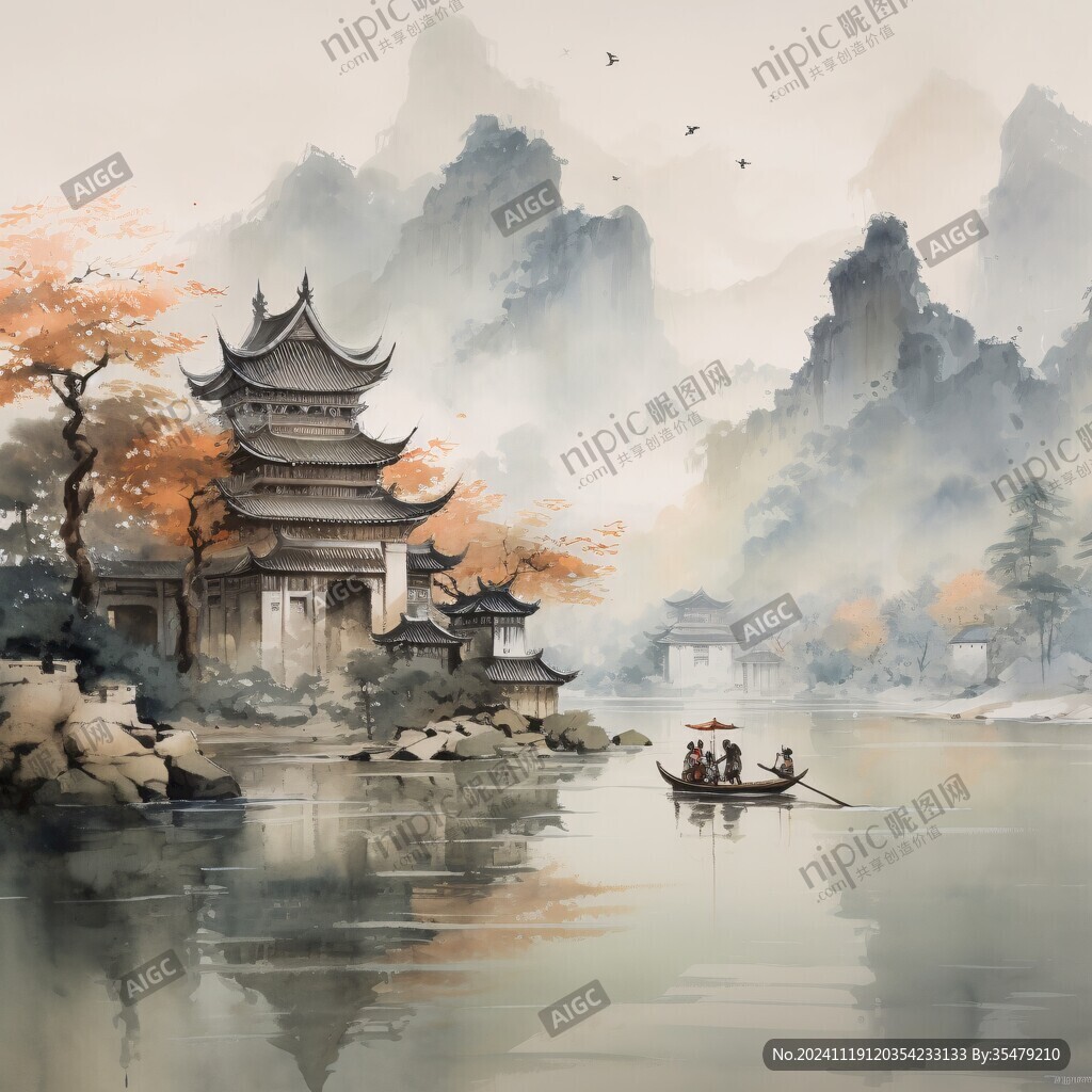 楼阁山水意境画