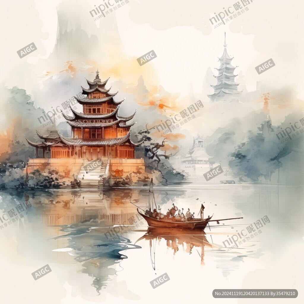 水墨水彩禅意城市