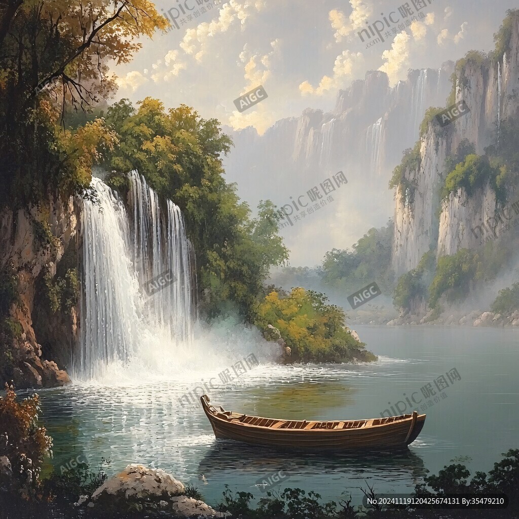 山水风景油画瀑布
