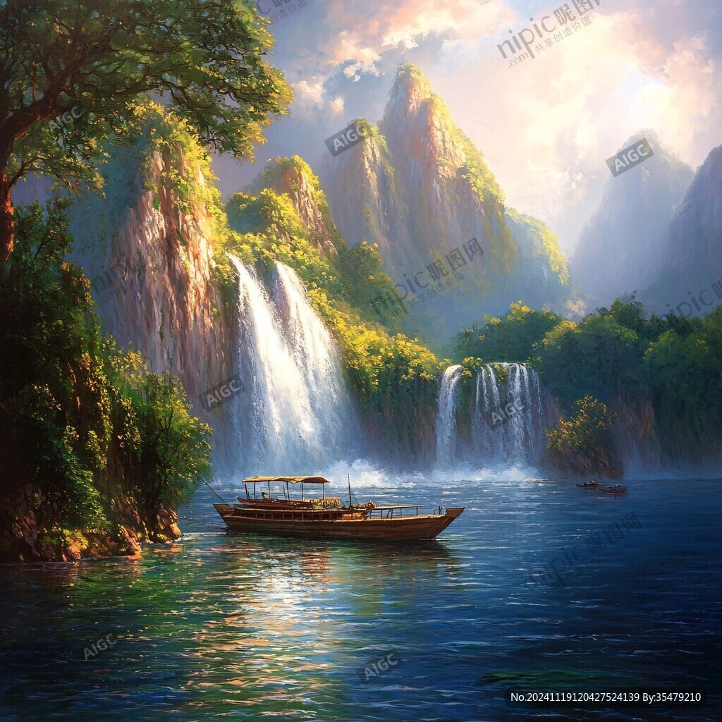山水风景油画瀑布