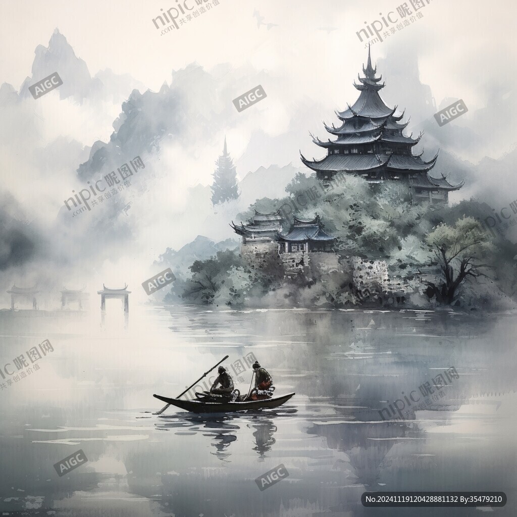 插画横店水彩水墨山水