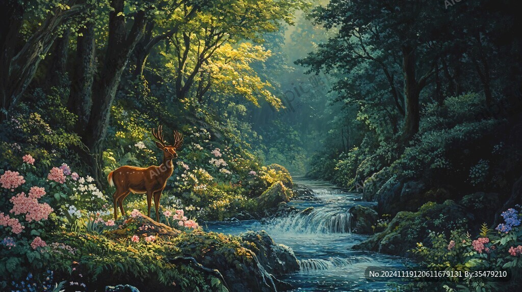 山峰山水画油画梅花鹿