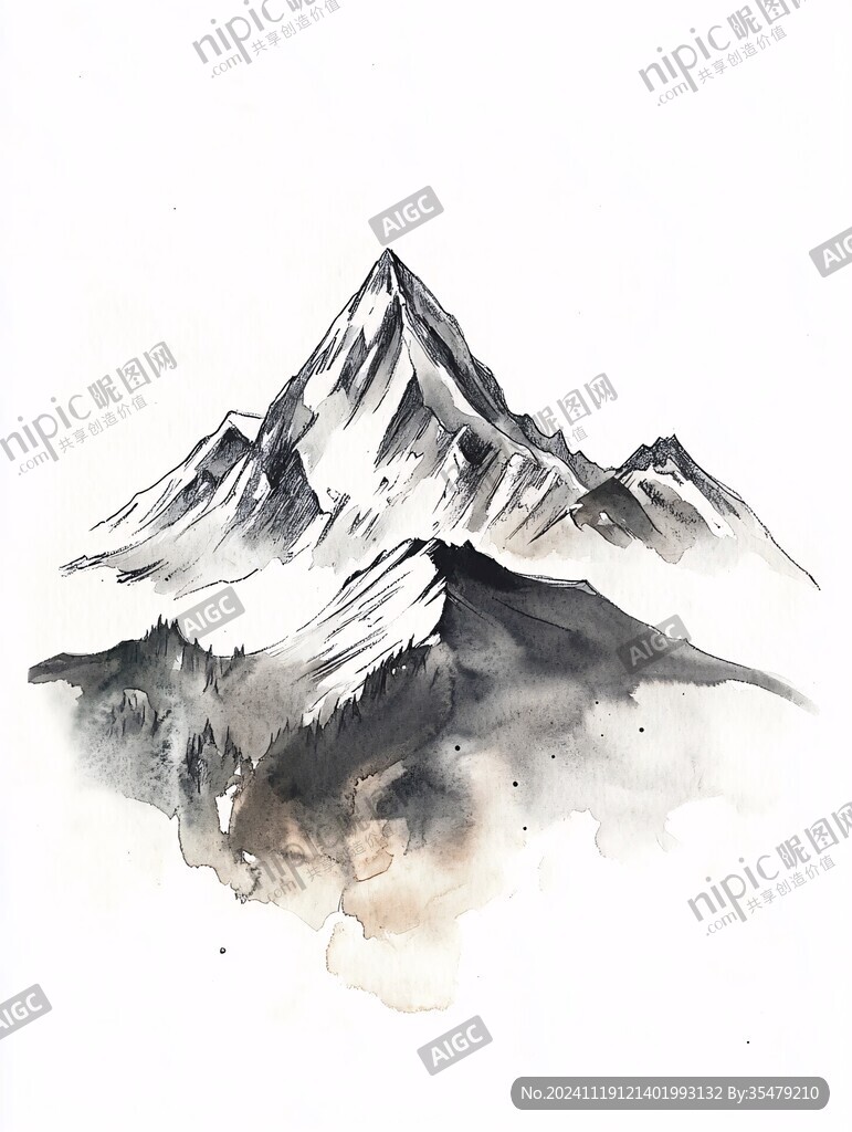 水彩画山峰高山远山